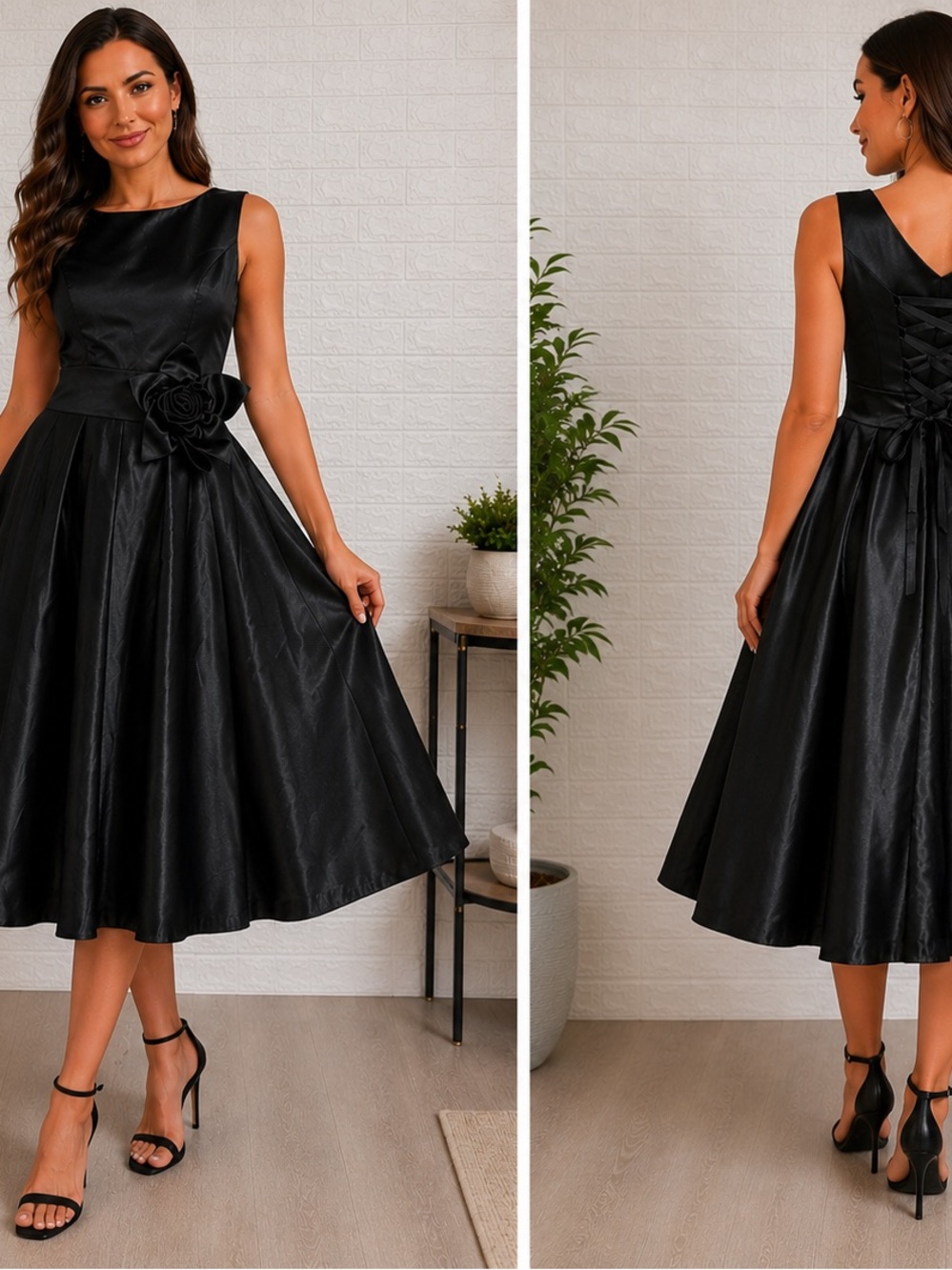 Elegant Black Sleeveless Fit-and-Flare Dress with Rosette Waist